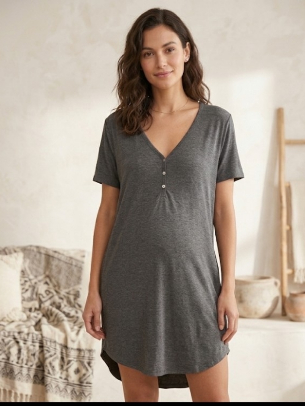 HATCH New York 24/7 Bamboo Henley Dress O/S Gray Maternity Nursing Loungewear